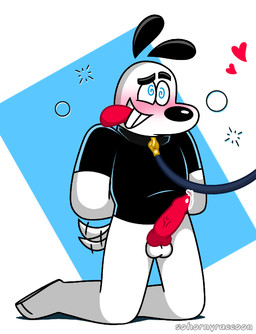 animal_genitalia animal_penis anthro balls belt_collar black_clothing black_ears black_shirt black_topwear blue_eyes blush bubble canine_genitalia canine_penis clothing collar crouching drunk drunk_bubble fur genitals heart_symbol hypnosis hypnotic_eyes male mind_control penis penis_poking_out shirt simple_background smile solo spiral spiral_eyes submissive submissive_male substance_intoxication tail tail_motion tailwag tongue tongue_out topwear white_body white_fur sohornyraccoon nickelodeon t.u.f.f._puppy dudley_puppy canid canine canis domestic_dog mammal