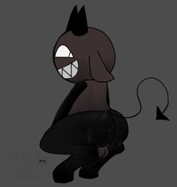 anthro balls bodily_fluids butt crouching genitals looking_back male presenting presenting_hindquarters smile smiling_at_viewer solo sweat sweaty_butt nellytines mewgenics hot_poker_(mewgenics) demon colored hi_res