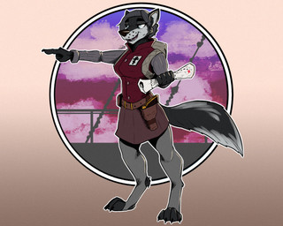 anthro barefoot belt belt_buckle belt_pouch black_body black_fur blue_eyes buckle ears_up eyebrows feet female fur gesture grey_body grey_fur grey_hair gun hair hand_gesture open_mouth pointing ranged_weapon solo tail teeth teeth_showing weapon white_body white_fur mawkvlt orthodox_christianity canid canine canis mammal wolf 5:4