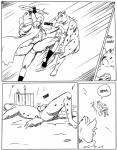 anthro balls bandit_(disambiguation) black_and_white bulge canid canine canis clothing comic dialogue digital_drawing_(artwork) digital_media_(artwork) duo fight genitals hyena jockstrap lying male male/male mammal melee_weapon monochrome on_back penis reagan700 spotted_hyena spread_legs spreading sword underwear weapon wolf