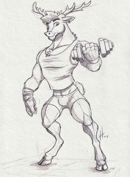 anthro antlers bottomwear bulge chest_tuft clothed clothing ear_piercing ear_ring exercise front_view glistening glistening_eyes hooves horn looking_at_viewer male male_anthro mouth_closed muscular muscular_anthro muscular_male neck_tuft piercing ring_piercing scut_tail short_tail simple_background solo standing tail topwear tuft weightlifting workout hufnaar deer mammal 2018 dated full-length_portrait hi_res monochrome portrait sketch