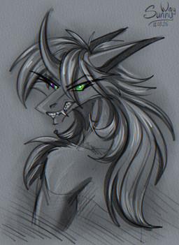 angry anthro big_ears equis_universe fangs female fluffy fur grin hair horn kirinaes messy_hair smile solo teeth sunny_way sunny_way_(character) ki'rinaes hi_res portrait sketch