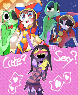anthro black_hair blush clothing female fool's_hat green_body group hair hat headgear headwear long_hair purple_body trio olivia_(artist) glitch_productions the_amazing_digital_circus gooseworx's_post-transition_jax_design jax_(tadc) pomni_(tadc) ribbit_(tadc) amphibian frog humanoid lagomorph leporid mammal rabbit