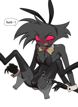 ambiguous_gender blush bracelet bulge bunny_costume clothing costume disembodied_hand duo fake_ears fake_rabbit_ears fake_rabbit_tail fake_tail jewelry male multi_eye profanity spiked_bracelet spikes spread_legs spreading enaic31 hazbin_hotel hellaverse arackniss_(hazbin_hotel) arachnid arthropod demon humanoid spider absurd_res hi_res