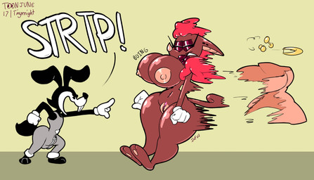 big_breasts big_butt breasts brown_body brown_fur buckteeth bulge butt cartoon_eyes cartoon_gloves cartoon_physics clothing command curvy_figure ear_piercing fangs female fur genitals grey_clothing hair hourglass_figure hyper lips nude nude_female orange_clothing overalls piercing red_hair simple_background teeth thick_lips toony toony_expression toony_eyes topwear tube_top vulva infinityartistix fizzi_the_fruit_bat bat lagomorph leporid mammal megabat rabbit absurd_res hi_res monochrome