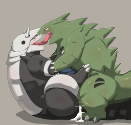 aggron ambiguous_gender bamumu10 blush bodily_fluids claws cum digital_media_(artwork) drooling duo embrace eye_contact feral french_kissing genital_fluids hi_res horn hug kissing looking_at_another male male/male nintendo open_mouth penetration pokémon pokémon_(species) saliva saliva_on_tongue scalie sex simple_background sweat tongue tongue_out tyranitar video_games