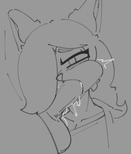 ambiguous_gender anthro bedroom_eyes bodily_fluids cheek_bulge clothed clothing duo eyeliner fellatio female femboy hair hair_over_eye jacket makeup male male/female narrowed_eyes oral penile saliva seductive sex shirt topwear skodaithedog skodai_(skodaithedog) canid canine canis domestic_dog mammal line_art low_res monochrome sketch trans_(lore) trans_woman_(lore)