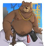 anthro belly brown_body brown_fur clothed clothing construction_site eye_scar facial_scar fur jewelry male male_anthro missing_eye moobs navel_outline necklace nipples overweight overweight_anthro overweight_male scar solo topless topless_anthro topless_male saiper_art mihoyo zenless_zone_zero ben_bigger bear mammal thiren hi_res