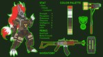 alternate_color anthro armor bodypaint face_paint gas_grenade gun hazard_symbol male melee_weapon pose radiation_symbol ranged_weapon solo symbol text weapon kure_uwu_(artist) fallout microsoft nintendo pokemon generation_5_pokemon pokemon_(species) zoroark english_text hi_res model_sheet