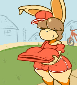 anthro areola belly big_areola big_breasts bottomwear bouncing_breasts box breasts brown_hair bulge clothing container delivery_(commerce) delivery_employee dialogue gynomorph hair hat headgear headwear intersex nipples one_shoulder_out pizza_box shorts solo tan_body thick_thighs vertical_bar_eyes bunsandnoble lagomorph mammal animated