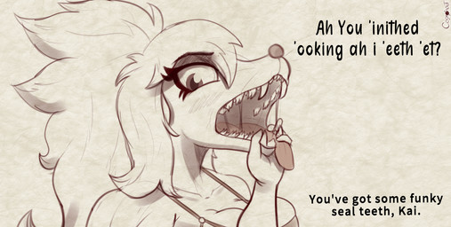 anthro bared_teeth big_breasts blush bodily_fluids breasts collarbone dialogue dripping drooling duo embarrassed fangs female gaping_mouth larger_female looking_at_another looking_down male male/female mouth_shot muscular muscular_anthro muscular_female open_mouth oral_fixation poofy_hair saliva saliva_drip saliva_string sharp_teeth size_difference teeth teeth_showing text tongue tongue_out cosmonaut kaimana_(cosmonaut) english_text hi_res sketch