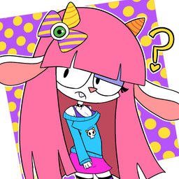 accessory anthro blue_clothing blue_shirt blue_topwear bone bow_ribbon clothed clothing diagonal-striped_bow eyeshadow female floppy_ears fur hair hair_accessory hair_bow hair_ribbon head_tilt horn long_sleeves looking_at_viewer makeup mouth_closed off_shoulder off_shoulder_shirt one_eye_half-closed pink_hair pink_inner_ear pink_nose purple_eyelids purple_eyeshadow question_mark ribbons shirt skull solo spiked_necklace sweater topwear white_body white_fur yellow_horn zoskylicious bruzii_(zoskylicious) bovid caprine goat mammal 1:1 digital_media_(artwork) hi_res