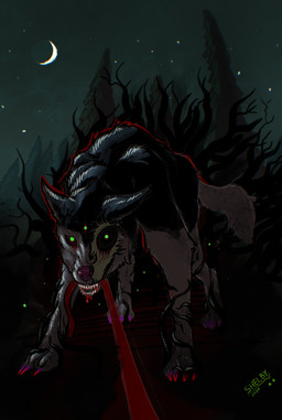 ambiguous_feral ambiguous_gender bared_teeth black_body black_fur blood blood_on_teeth bodily_fluids bone cheek_tuft exposed_bone facial_tuft feral fur gore green_eyes looking_at_viewer night outside sharp_teeth skull solo tail teeth tuft white_body white_fur white_tail sketchy_shelby canid canine mammal hi_res