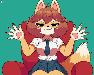 anthro armchair bottomwear brown_hair chair clothing collared_shirt countershading dipstick_ears ear_markings eyebrows female furniture hair multicolored_ears necktie pawpads shirt skirt solo tail topwear white_eyebrows voider_(artist) absolute_cinema bully_fox canid canine fox mammal