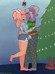 anthro blush bottomwear christmas_lights christmas_tree clothing dolphin_shorts duo female fur hair holidays holly_(plant) hotpants hug inside kissing male male/female mistletoe pajama_pants pink_body pink_fur pink_hair plant purple_body purple_fur purple_hair raised_leg shorts side_view sweater topwear tree paramour_(artist) christmas bovid caprine goat mammal 3:4 digital_media_(artwork) full-length_portrait hi_res portrait