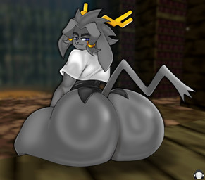 anthro antlers big_butt black_clothing black_nose black_topwear bottom_heavy butt clothing eyelashes female floppy_ears fur grey_body grey_fur horn huge_butt looking_at_viewer looking_back looking_back_at_viewer lop_ears purple_eyes rear_view sitting smile solo thick_thighs topwear wide_hips yellow_antlers sketchydrawin pseudoregalia sybil_(pseudoregalia) bovid caprine goat hybrid jackalope lagomorph leporid mammal rabbit hi_res