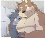 anthro barazoku blush brown_body brown_fur duo fur hand_holding heart_symbol hug kemono male musclegut muscular one_eye_closed wink green_bell inakamichi canid canine canis mammal wolf 2020 6:5