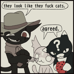 anthro black_body black_fur bodily_fluids border clothing cowboy_hat dice female feral fur group gun hat headgear headwear kerchief male missing_tooth profanity question_mark ranged_weapon red_border smile sweat sweatdrop teeth text trio weapon white_body white_fur anonymous_artist mewgenics she_looks_like_she_fucks white_devils_"agreed" gambit_(mewgenics) marshmallow_(mewgenics) zodiac_(mewgenics) felid feline mammal english_text meme