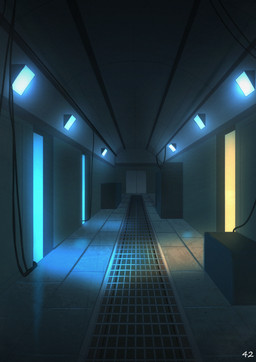 blue_light cable closed_door door doorway hallway inside lights metal_ceiling metal_floor metal_wall metal_walls not_furry yellow_light zero_pictured rednroge comic hi_res
