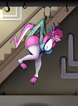 anthro basement breasts claws cleavage clothed clothing diaper diaper_wedgie embarrassed female floral_diaper floral_print hair hanging_wedgie hook horn leggings legwear pink_body pink_hair solo toe_claws wearing_diaper wedgie white_clothing white_leggings white_legwear loverk90 mythology spyrah_the_dragoness dragon mythological_creature mythological_scalie scalie absurd_res hi_res