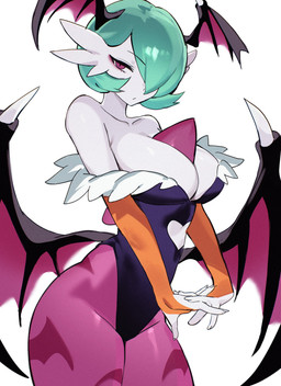 armwear big_breasts breasts clothing cosplay dragon_wings female female_humanoid green_hair hair leotard looking_at_viewer membrane_(anatomy) membranous_wings red_eyes shoulderless_shirt solo white_body wings chunniwa nintendo pokemon gardevoir generation_3_pokemon humanoid pokemon_(species) absurd_res hi_res