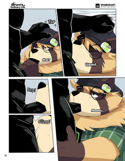anthro balls belly bottomwear bulge clothed clothing dialogue duo eyebrows eyewear facial_hair fellatio foreskin genitals glasses hair half-closed_eyes hand_on_head hat headgear headwear licking male male/male multi_eye muscular muscular_male narrowed_eyes nude oral overweight overweight_anthro overweight_male pants penile penis sex sharp_teeth simple_background smile speech_bubble tail teeth text thick_eyebrows tongue topwear spunker bruno_(spunker) oberon_(spunker) alien canid canine goo_creature humanoid mammal raccoon_dog tanuki 2026 comic digital_media_(artwork) english_text hi_res
