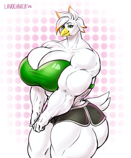 anthro big_breasts big_butt breasts butt female flexing huge_breasts huge_butt muscular smile solo sportswear lavochnica avian bird cockatoo parrot absurd_res hi_res