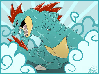 armor back_spikes blue_body body_armor claws countershade_jaw feral finger_claws head_spikes open_mouth pink_tongue red_eyes scales sharp_teeth snout spiked_tail spikes spikes_(anatomy) standing tail teeth toe_claws tongue reoisready nintendo pokemon feraligatr generation_2_pokemon pokemon_(species) 2010 4:3 signature