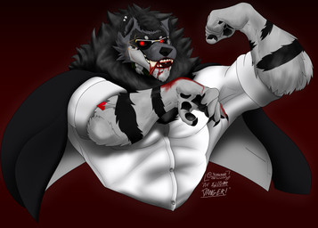 anthro bite blood blood_in_mouth blood_on_hand bodily_fluids button_(fastener) cheek_tuft claws clothed clothing collar eyewear facial_tuft flexing flexing_bicep folded_clothing fur glowing glowing_eyes looking_at_viewer male multicolored_body multicolored_fur muscular neck_tuft piercing red_eyes sharp_teeth smile solo striped_body striped_fur stripes sunglasses teeth tongue tongue_bite tongue_piercing tuft teymosoo perseus_(teymosoo) felid hyena mammal pantherine prehistoric_species saber-toothed_tiger vampire werecreature werehyena absurd_res hi_res