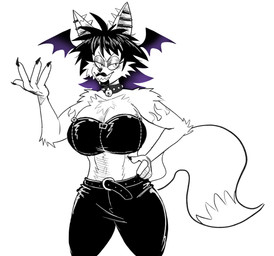 alternative_fashion anthro arm_tuft bell bell_collar belt big_breasts black_hair black_lips breasts cheek_tuft chest_tuft cleavage clothed clothing collar ear_piercing eyelashes eyeshadow facial_tuft female goth gradient_hair grin hair hand_on_hip huge_breasts industrial_piercing industrial_piercing_ladder lips looking_at_viewer makeup midriff piercing purple_hair sharp_teeth simple_background smile solo tail teeth topwear tube_top tuft white_background impactzack laura_derose bat-eared_fox canid canine fox mammal line_art monochrome partially_colored