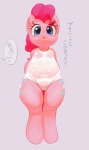 2013 anthro anthrofied blue_eyes blush camel_toe clothed clothing cutie_mark earth_pony equid equine fapplejackoff female friendship_is_magic fur hair hands_behind_back hasbro hi_res horse japanese_text looking_at_viewer mammal my_little_pony pink_body pink_fur pink_hair pinkie_pie_(mlp) pony simple_background solo swimwear text white_background wide_hips