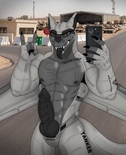 air_force aircraft american_flag anthro black_penis cellphone claws electronics eyewear genitals knot machine male penis phone selfie solo sunglasses teeth tongue united_states_of_america vehicle nicolasthewolf mythology dragon living_machine living_vehicle mythological_creature mythological_scalie scalie hi_res