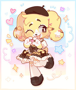 anthro blush blush_lines brown_eyebrows brown_eyes brown_nose cheek_tuft chibi clothing cute_fangs dress eyebrows facial_tuft fangs female floppy_ears footwear fur hat head_tuft headgear headwear heart_symbol legwear looking_away markings one_eye_closed open_mouth pose shoes solo stockings teeth tuft white_clothing white_legwear white_markings white_stockings yellow_body yellow_fur louloous canid canine canis domestic_dog mammal 2026 absurd_res colored digital_drawing_(artwork) digital_media_(artwork) hi_res shaded