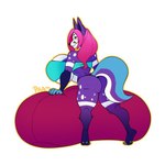 2017 5_fingers anthro artist_name bean_bag big_breasts black_clothing black_eyebrows black_nose black_panties black_underwear blue_clothing blue_markings blue_tail blue_topwear blue_tube_top breasts butt canid canine canis clothing cloven_hooves colored deer digital_drawing_(artwork) digital_media_(artwork) domestic_dog eyebrows female female_anthro fingers fur fur_markings grey_hooves hair hooves husky hybrid kathrin_engel leaning leaning_forward long_hair looking_at_viewer looking_back mammal markings multicolored_body multicolored_fur multicolored_tail nordic_sled_dog outline panties pink_bean_bag pink_eyes pink_hair pram_(artist) purple_body purple_fur purple_tail rear_view simple_background smile smiling_at_viewer solo spitz spots spotted_body spotted_fur tail text thick_thighs topwear tube_top under_boob underwear white_background white_body white_fur white_spots white_tail yellow_outline