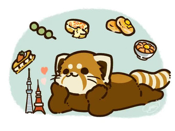 black_eyes black_nose brown_body chibi dot_eyes feral food heart_symbol lying simple_eyes solo shi_nominmin ailurid mammal red_panda 2023 4:3 animated no_sound short_playtime video