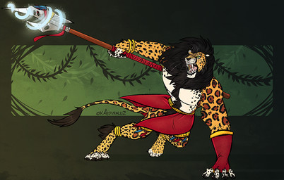 anthro black_mane black_nose black_spots bodily_fluids brown_spots chest_tuft clothed clothing fangs fur holding_melee_weapon holding_object holding_polearm holding_spear holding_weapon leg_tuft male mane markings melee_weapon muscular muscular_anthro muscular_male open_mouth pink_tongue polearm saliva saliva_string simple_background solo spear spots spotted_body spotted_fur spotted_legs tail tail_tuft teeth text tongue topless tuft weapon kardinaluz felid mammal artist_name full-length_portrait portrait