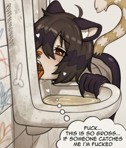 anthro black_body black_fur bodily_fluids bottomless bottomless_anthro bottomless_female brown_hair clothed clothing dialogue facial_piercing female fur genital_fluids hair inner_monologue licking_toilet licking_urinal nose_piercing nose_ring piercing profanity ring_piercing solo tan_body tan_fur text thinking thought_bubble toilet tongue tongue_out urinal urine watersports white_body white_fur conditional_dnp puppyemonade flan_(puppyemonade) domestic_cat felid feline felis mammal english_text hi_res