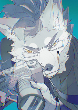 amber_eyes anthro black_clothing black_dress_shirt black_hair black_jewelry black_necklace black_topwear camera claws clothed clothed_anthro clothed_male clothing collared_shirt dress_shirt eyebrows eyewear finger_claws fingerpads fur furrowed_eyebrows glasses hair holding_camera holding_object inner_ear_fluff jewelry light_body light_fur looking_at_viewer male mouth_closed multicolored_eyes necklace orange_eyes overbite pawpads pince-nez pupils rectangular_glasses ringed_iris shirt simple_background solo teal_background thick_eyebrows topwear tuft wearing_glasses white_eyewear white_glasses white_sclera chiayeeee canid canine canis mammal wolf 2024 absurd_res chromatic_aberration digital_drawing_(artwork) digital_media_(artwork) half-length_portrait hi_res portrait