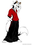 anthro black_bottomwear black_clothing black_pants bottomwear clothed clothing fur hands_in_both_pockets male pants red_clothing red_shirt red_topwear shirt solo topwear white_body white_fur yellow_eyes deonwolf deon_(deonwolf) canid canine canis mammal wolf 2009 digital_media_(artwork) flat_colors hi_res