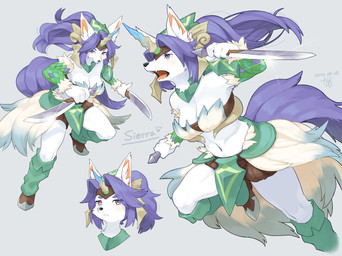 4_fingers anthro big_breasts blush breasts cleavage clothed clothing dagger ear_tuft female fingers footwear fur grey_background hair kemono long_hair melee_weapon navel open_mouth purple_eyes purple_hair simple_background snout solo teeth text tongue tuft weapon white_body white_fur kame_3 legend_of_mana mana_(series) square_enix sierra_(mana) canid canine canis mammal wolf 2020 english_text hi_res