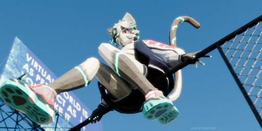 anthro billboard black_bottomwear black_clothing black_shorts blue_claws blue_clothing blue_coat blue_footwear blue_hair_tips blue_shoes blue_topwear bottomwear claws clothing coat dark_spots femboy fence footwear fur fur_markings glowing glowing_claws glowing_eyes glowing_markings grey_body grey_fur grey_hair hair low-angle_view low_poly male markings oversized_clothing paw_shoes pink_eyes shoes shorts sitting sky smile smiling_at_viewer solo text topwear maxdubstep max_(pestbudmax) domestic_cat felid feline felis mammal 3d_(artwork) digital_media_(artwork) hi_res