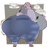 anthro big_breasts big_butt blush blush_lines bottomwear breasts butt clothing curlers denim denim_bottomwear denim_clothing exclamation_point female footwear grey_body grey_hair hair hair_curlers half-closed_eyes holding_object holding_spatula holding_tool huge_breasts huge_butt huge_hips huge_thighs hyper hyper_breasts hyper_butt hyper_hips hyper_thighs jeans looking_at_viewer looking_back mature_anthro mature_female narrowed_eyes obese obese_anthro obese_female overweight overweight_anthro overweight_female pants question_mark sandals shirt shoes solo spatula text thick_thighs tools topwear wide_hips sketchyboi08 beware_the_shadowcatcher zed_technician_games maude_(bts) bovid caprine mammal sheep 1:1 absurd_res english_text hi_res