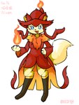 anthro blue_eyes clothing female fire fox_tail fur hat headgear headwear open_mouth red_clothing simple_background solo text white_body white_fur witch_hat pogadc palworld pocketpair canid canine fox mammal pal_(species) wixen 3:4 chinese_text english_text hi_res