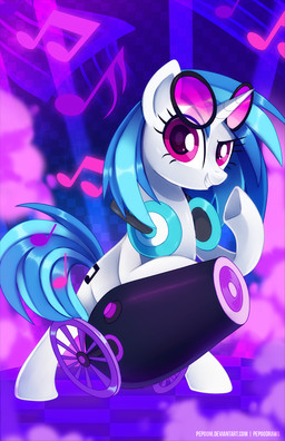 abstract_background cannon electronics eyewear female feral grin headphones horn looking_at_viewer musical_note musical_symbol purple_eyes ranged_weapon smile solo speaker sunglasses symbol weapon pepooni friendship_is_magic hasbro my_little_pony mythology vinyl_scratch_(mlp) equid equine mammal mythological_creature mythological_equine unicorn 2016 full-length_portrait portrait