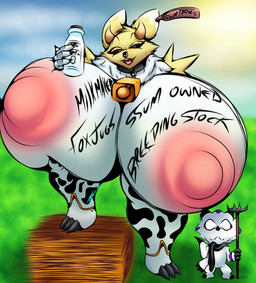 ambiguous_gender animal_print animal_print_thigh_highs anthro big_breasts black_sclera blue_eyes body_writing bottle breasts clothing container cow_print cow_print_thigh_highs cowbell cowbell_collar duo facial_horn facial_piercing fake_horns female holding_bottle holding_container holding_object horn huge_breasts hyper hyper_breasts legwear male milk milk_container multicolored_body nipples nose_horn nose_piercing nose_ring pattern_clothing pattern_legwear pattern_thigh_highs piercing pink_nipples ring_piercing size_difference smaller_male text thick_thighs thigh_highs two_tone_body white_body yellow_body destiny's_art bandai_namco digimon canid canine ceratopsian digimon_(species) dinosaur gammamon mammal marginocephalian ornithischian prehistoric_species renamon reptile scalie english_text hi_res