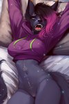 anthro bed blue_eyes bodily_fluids bottomless clothed clothing female furniture genitals grey_body hair leon_(arbeitsfeier) lips long_ears long_hair long_tail no_underwear open_mouth pillow pink_hair pointy_ears purple_clothing purple_sweatshirt pussy saliva sharp_teeth simple_background solo stretching_arms sweatshirt tail tattoo teeth uvula waking_up kehushka canid canine canis jackal mammal hi_res