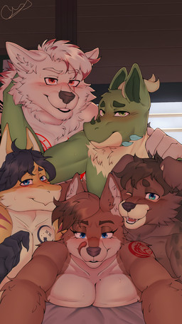 anthro bed family family_photo female fur furniture group male polyamory polygamy selfie asmodeus_art mythology whiteskill_family drake_(dashtream) dylan_whiteskill_(thatwereboy) kris_whiteskill minirex mocha_latte_pup canid canine canis domestic_cat dragon duck_toller_retriever felid feline felis furred_dragon furred_scalie hybrid mammal mythological_canine mythological_creature mythological_scalie scalie werecanid werecanine werecreature werewolf wolf hi_res