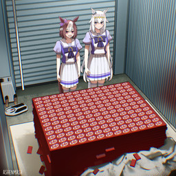 asian_clothing bottomwear breasts brown_hair candy chocolate chocolate_bar clothed clothing dessert duo duo_focus ear_bow east_asian_clothing female female_humanoid food garage_door group hair horse_ears horse_tail inside japanese_clothing japanese_school_uniform legwear looking_away open_mouth pallet school_uniform serafuku skirt smile standing storage_room tail teeth text thigh_highs topwear uniform weighing_scale white_hair ashenmash breaking_bad cygames kitkat uma_musume_pretty_derby oguri_cap_(pretty_derby) special_week_(pretty_derby) animal_humanoid equid equid_humanoid equine equine_humanoid horse_humanoid humanoid mammal mammal_humanoid 1:1 2026 absurd_res digital_media_(artwork) english_text hi_res