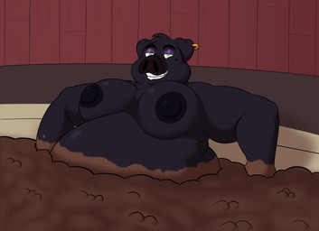 anthro black_body black_ears black_hair black_nipples black_nose ear_piercing ear_ring eyeshadow green_eyes hair half-closed_eyes inside makeup male markings mole_(marking) moobs mud mud_bath mud_on_body mud_on_hand narrowed_eyes nipples nude obese obese_anthro obese_male overweight overweight_anthro overweight_male piercing purple_eyeshadow ring_piercing smile solo teeth three-quarter_view colossalstars dallas_greyson_(colossalstars) domestic_pig mammal suid suine sus_(pig) 2026 digital_media_(artwork) hi_res