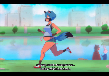 annoyed anthro belly belly_jiggle belly_peeking_out blue_hair bottomwear breasts building butt clothed clothing day detailed_background dialogue dipstick_tail dolphin_shorts exercise facial_markings female footwear frown glistening gloves_(marking) grass hair head_markings jiggling jogging leg_markings markings mask_(marking) medium_breasts narrowed_eyes navel orange_body overweight overweight_anthro overweight_female plant potbelly reflection river running shirt shoes short_hair shorts side_view sky slightly_chubby slightly_chubby_anthro slightly_chubby_female sneakers socks_(marking) solo style_emulation tail tail_markings talking_to_self tank_top text topwear tree undershirt water water_reflection weight_conscious weight_gain weight_loss bellywg brand_new_animal studio_trigger background_character michiru_kagemori canid canine mammal raccoon_dog tanuki 2020 compression_artifacts digital_media_(artwork) english_text hi_res letterbox